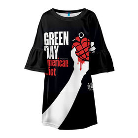 Детское платье 3D с принтом Green Day 3 в Петрозаводске, 100% полиэстер | прямой силуэт, чуть расширенный к низу. Круглая горловина, на рукавах — воланы | Тематика изображения на принте: american idiot | green day | грин дей | грин дэй