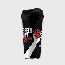 Термокружка-непроливайка с принтом Green Day 3 в Петрозаводске, внутренняя часть — пищевой пластик, наружная часть — прозрачный пластик, между ними — полиграфическая вставка с рисунком | объем — 350 мл, герметичная крышка | american idiot | green day | грин дей | грин дэй
