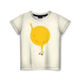 Детская футболка 3D с принтом Весеннее солнышко в Петрозаводске, 100% гипоаллергенный полиэфир | прямой крой, круглый вырез горловины, длина до линии бедер, чуть спущенное плечо, ткань немного тянется | весна | рисунок | собака | солнце | солнышко | тепло | щенок