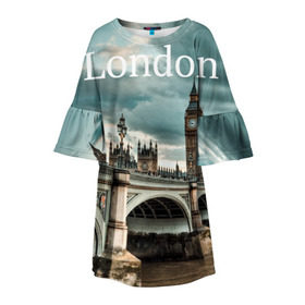 Детское платье 3D с принтом London в Петрозаводске, 100% полиэстер | прямой силуэт, чуть расширенный к низу. Круглая горловина, на рукавах — воланы | Тематика изображения на принте: england | london | vjcn. биг бен | англия | британия | великобритания | владычица морей | город | гостеприимный | дождей | клевый | красивый | лилия | лондон | на темзе | окна | прикольный | столица | тауэр