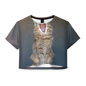 Женская футболка 3D укороченная с принтом Мартовский кот в Петрозаводске, 100% полиэстер | круглая горловина, длина футболки до линии талии, рукава с отворотами | кот | кошка | март | пасть | усы