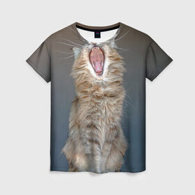 Женская футболка 3D с принтом Мартовский кот в Петрозаводске, 100% полиэфир ( синтетическое хлопкоподобное полотно) | прямой крой, круглый вырез горловины, длина до линии бедер | кот | кошка | март | пасть | усы