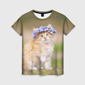 Женская футболка 3D с принтом Веночек в Петрозаводске, 100% полиэфир ( синтетическое хлопкоподобное полотно) | прямой крой, круглый вырез горловины, длина до линии бедер | василёк | венок | котёнок | кошка | цветок