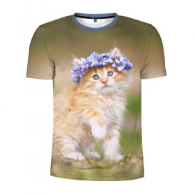 Мужская футболка 3D спортивная с принтом Веночек в Петрозаводске, 100% полиэстер с улучшенными характеристиками | приталенный силуэт, круглая горловина, широкие плечи, сужается к линии бедра | василёк | венок | котёнок | кошка | цветок