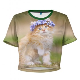 Женская футболка 3D укороченная с принтом Веночек в Петрозаводске, 100% полиэстер | круглая горловина, длина футболки до линии талии, рукава с отворотами | Тематика изображения на принте: василёк | венок | котёнок | кошка | цветок