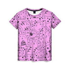 Женская футболка 3D с принтом котейки в Петрозаводске, 100% полиэфир ( синтетическое хлопкоподобное полотно) | прямой крой, круглый вырез горловины, длина до линии бедер | cat | кот | котейки | котик | кошка | рисунок | розовый