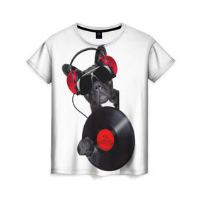 Женская футболка 3D с принтом собака-меломан в Петрозаводске, 100% полиэфир ( синтетическое хлопкоподобное полотно) | прямой крой, круглый вырез горловины, длина до линии бедер | бульдог | красный | музыка | наушники | очки | пластинка | собака | черный