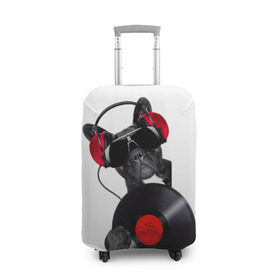 Чехол для чемодана 3D с принтом собака-меломан в Петрозаводске, 86% полиэфир, 14% спандекс | двустороннее нанесение принта, прорези для ручек и колес | бульдог | красный | музыка | наушники | очки | пластинка | собака | черный