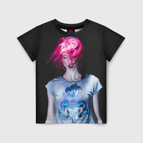 Детская футболка 3D с принтом девушка с розовыми волосами в Петрозаводске, 100% гипоаллергенный полиэфир | прямой крой, круглый вырез горловины, длина до линии бедер, чуть спущенное плечо, ткань немного тянется | волосы | девушка | мода | парик | перья | розовый | стиль | череп | этника | этно