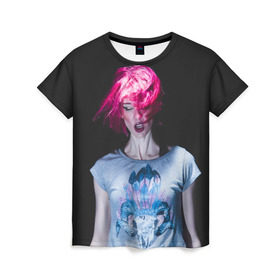 Женская футболка 3D с принтом девушка с розовыми волосами в Петрозаводске, 100% полиэфир ( синтетическое хлопкоподобное полотно) | прямой крой, круглый вырез горловины, длина до линии бедер | волосы | девушка | мода | парик | перья | розовый | стиль | череп | этника | этно