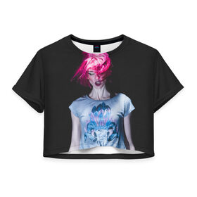 Женская футболка 3D укороченная с принтом девушка с розовыми волосами в Петрозаводске, 100% полиэстер | круглая горловина, длина футболки до линии талии, рукава с отворотами | волосы | девушка | мода | парик | перья | розовый | стиль | череп | этника | этно