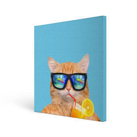 Холст квадратный с принтом котэ на отдыхе в Петрозаводске, 100% ПВХ |  | кот | котик | лето | море | отдых | очки | пальмы | пляж | рыжий кот | солнце