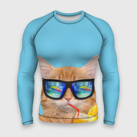 Мужской рашгард 3D с принтом котэ на отдыхе в Петрозаводске,  |  | Тематика изображения на принте: кот | котик | лето | море | отдых | очки | пальмы | пляж | рыжий кот | солнце