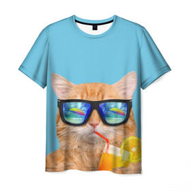 Мужская футболка 3D с принтом котэ на отдыхе в Петрозаводске, 100% полиэфир | прямой крой, круглый вырез горловины, длина до линии бедер | кот | котик | лето | море | отдых | очки | пальмы | пляж | рыжий кот | солнце