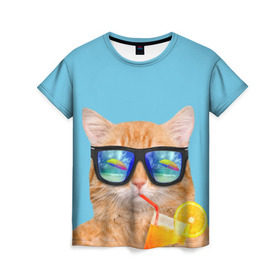 Женская футболка 3D с принтом котэ на отдыхе в Петрозаводске, 100% полиэфир ( синтетическое хлопкоподобное полотно) | прямой крой, круглый вырез горловины, длина до линии бедер | кот | котик | лето | море | отдых | очки | пальмы | пляж | рыжий кот | солнце