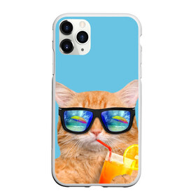 Чехол для iPhone 11 Pro матовый с принтом котэ на отдыхе в Петрозаводске, Силикон |  | Тематика изображения на принте: кот | котик | лето | море | отдых | очки | пальмы | пляж | рыжий кот | солнце
