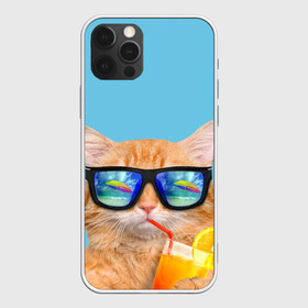 Чехол для iPhone 12 Pro с принтом котэ на отдыхе в Петрозаводске, силикон | область печати: задняя сторона чехла, без боковых панелей | кот | котик | лето | море | отдых | очки | пальмы | пляж | рыжий кот | солнце