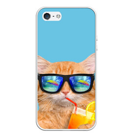 Чехол для iPhone 5/5S матовый с принтом котэ на отдыхе в Петрозаводске, Силикон | Область печати: задняя сторона чехла, без боковых панелей | Тематика изображения на принте: кот | котик | лето | море | отдых | очки | пальмы | пляж | рыжий кот | солнце