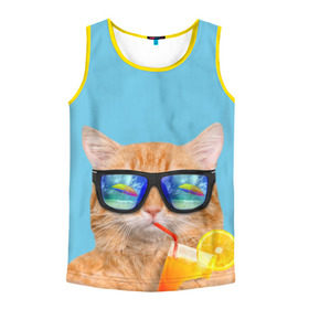 Мужская майка 3D с принтом котэ на отдыхе в Петрозаводске, 100% полиэстер | круглая горловина, приталенный силуэт, длина до линии бедра. Пройма и горловина окантованы тонкой бейкой | Тематика изображения на принте: кот | котик | лето | море | отдых | очки | пальмы | пляж | рыжий кот | солнце