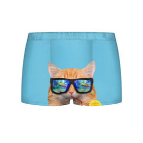 Мужские трусы 3D с принтом котэ на отдыхе в Петрозаводске, 50% хлопок, 50% полиэстер | классическая посадка, на поясе мягкая тканевая резинка | Тематика изображения на принте: кот | котик | лето | море | отдых | очки | пальмы | пляж | рыжий кот | солнце