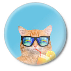Значок с принтом котэ на отдыхе в Петрозаводске,  металл | круглая форма, металлическая застежка в виде булавки | Тематика изображения на принте: кот | котик | лето | море | отдых | очки | пальмы | пляж | рыжий кот | солнце