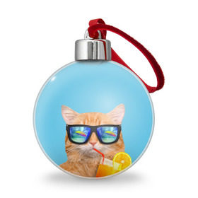 Ёлочный шар с принтом котэ на отдыхе в Петрозаводске, Пластик | Диаметр: 77 мм | Тематика изображения на принте: кот | котик | лето | море | отдых | очки | пальмы | пляж | рыжий кот | солнце