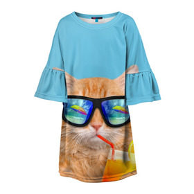 Детское платье 3D с принтом котэ на отдыхе в Петрозаводске, 100% полиэстер | прямой силуэт, чуть расширенный к низу. Круглая горловина, на рукавах — воланы | Тематика изображения на принте: кот | котик | лето | море | отдых | очки | пальмы | пляж | рыжий кот | солнце
