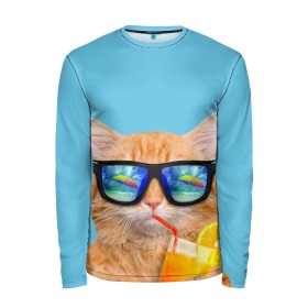 Мужской лонгслив 3D с принтом котэ на отдыхе в Петрозаводске, 100% полиэстер | длинные рукава, круглый вырез горловины, полуприлегающий силуэт | Тематика изображения на принте: кот | котик | лето | море | отдых | очки | пальмы | пляж | рыжий кот | солнце