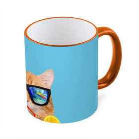 Кружка 3D с принтом котэ на отдыхе в Петрозаводске, керамика | ёмкость 330 мл | Тематика изображения на принте: кот | котик | лето | море | отдых | очки | пальмы | пляж | рыжий кот | солнце