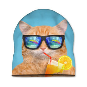 Шапка 3D с принтом котэ на отдыхе в Петрозаводске, 100% полиэстер | универсальный размер, печать по всей поверхности изделия | Тематика изображения на принте: кот | котик | лето | море | отдых | очки | пальмы | пляж | рыжий кот | солнце