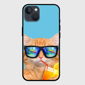 Чехол для iPhone 13 с принтом котэ на отдыхе в Петрозаводске,  |  | кот | котик | лето | море | отдых | очки | пальмы | пляж | рыжий кот | солнце