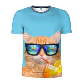 Мужская футболка 3D спортивная с принтом котэ на отдыхе в Петрозаводске, 100% полиэстер с улучшенными характеристиками | приталенный силуэт, круглая горловина, широкие плечи, сужается к линии бедра | Тематика изображения на принте: кот | котик | лето | море | отдых | очки | пальмы | пляж | рыжий кот | солнце