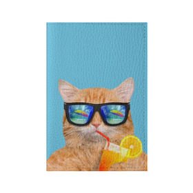 Обложка для паспорта матовая кожа с принтом котэ на отдыхе в Петрозаводске, натуральная матовая кожа | размер 19,3 х 13,7 см; прозрачные пластиковые крепления | кот | котик | лето | море | отдых | очки | пальмы | пляж | рыжий кот | солнце