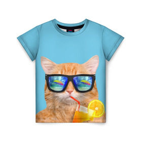 Детская футболка 3D с принтом котэ на отдыхе в Петрозаводске, 100% гипоаллергенный полиэфир | прямой крой, круглый вырез горловины, длина до линии бедер, чуть спущенное плечо, ткань немного тянется | кот | котик | лето | море | отдых | очки | пальмы | пляж | рыжий кот | солнце