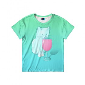 Детская футболка 3D с принтом Напиток в Петрозаводске, 100% гипоаллергенный полиэфир | прямой крой, круглый вырез горловины, длина до линии бедер, чуть спущенное плечо, ткань немного тянется | cat | kitty | животные | киса | кот | котенок | котэ | кошка