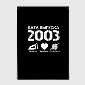 Постер с принтом Дата выпуска 2003 в Петрозаводске, 100% бумага
 | бумага, плотность 150 мг. Матовая, но за счет высокого коэффициента гладкости имеет небольшой блеск и дает на свету блики, но в отличии от глянцевой бумаги не покрыта лаком | Тематика изображения на принте: 2003 | год рождения | дата выпуска