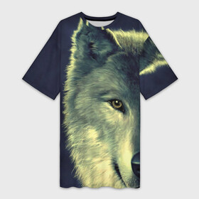 Платье-футболка 3D с принтом Серый волк в Петрозаводске,  |  | аука | бирюк | волк | волчара | волчица | волчок | глаза | животное | животные | зверь | зеленые | койот | млекопитающее | нос | санитар леса | серый | уши | фауна | фон | хищник | черный | шакал | шерсть
