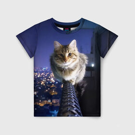 Детская футболка 3D с принтом Киса на балконе в Петрозаводске, 100% гипоаллергенный полиэфир | прямой крой, круглый вырез горловины, длина до линии бедер, чуть спущенное плечо, ткань немного тянется | cat | kitty | животные | киса | кот | котенок | котэ | кошка