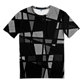 Мужская футболка 3D с принтом Geometry figure в Петрозаводске, 100% полиэфир | прямой крой, круглый вырез горловины, длина до линии бедер | бумага | геометрия | грани | изгиб | линии | полигоны | полосы | постель | серый | сочетания | текстура | треугольники | черный