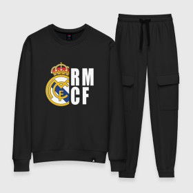 Женский костюм хлопок с принтом Real Madrid - RM/CF (Classic) в Петрозаводске, 100% хлопок | на свитшоте круглая горловина, мягкая резинка по низу. Брюки заужены к низу, на них два вида карманов: два 