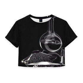 Женская футболка 3D укороченная с принтом Водка и черная икра в Петрозаводске, 100% полиэстер | круглая горловина, длина футболки до линии талии, рукава с отворотами | графин | еда | жидкость | закуска | темный | черный