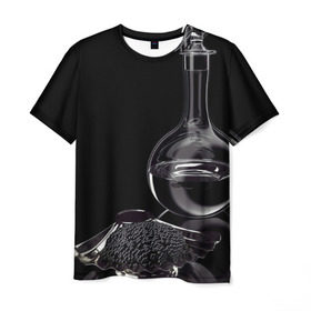Мужская футболка 3D с принтом Водка и черная икра в Петрозаводске, 100% полиэфир | прямой крой, круглый вырез горловины, длина до линии бедер | графин | еда | жидкость | закуска | темный | черный