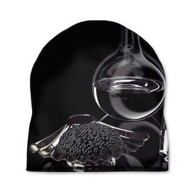 Шапка 3D с принтом Водка и черная икра в Петрозаводске, 100% полиэстер | универсальный размер, печать по всей поверхности изделия | графин | еда | жидкость | закуска | темный | черный
