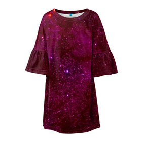 Детское платье 3D с принтом Розовые звёзды в Петрозаводске, 100% полиэстер | прямой силуэт, чуть расширенный к низу. Круглая горловина, на рукавах — воланы | nebula | звезды | созвездие | туманность