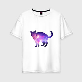 Женская футболка хлопок Oversize с принтом Cat galaxy в Петрозаводске, 100% хлопок | свободный крой, круглый ворот, спущенный рукав, длина до линии бедер
 | космос | кошка | силуэт