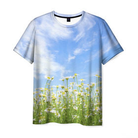 Мужская футболка 3D с принтом Ромашковое поле в Петрозаводске, 100% полиэфир | прямой крой, круглый вырез горловины, длина до линии бедер | желтый | красный | любовь | новинки | подарок | розы | сердце | текстура | тюльпаны | цветы