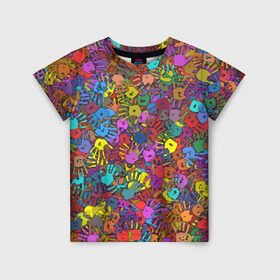 Детская футболка 3D с принтом Разноцветные отпечатки рук в Петрозаводске, 100% гипоаллергенный полиэфир | прямой крой, круглый вырез горловины, длина до линии бедер, чуть спущенное плечо, ткань немного тянется | клякса | краски | ладонь | пятна | рука | холи | цвет | цветные