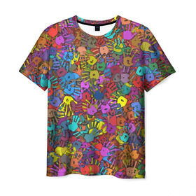 Мужская футболка 3D с принтом Разноцветные отпечатки рук в Петрозаводске, 100% полиэфир | прямой крой, круглый вырез горловины, длина до линии бедер | Тематика изображения на принте: клякса | краски | ладонь | пятна | рука | холи | цвет | цветные