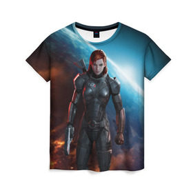 Женская футболка 3D с принтом Mass Effect в Петрозаводске, 100% полиэфир ( синтетическое хлопкоподобное полотно) | прямой крой, круглый вырез горловины, длина до линии бедер | n7 | shepard | галактика | жнец | космос | масс | нормандия | планета | шепард | эффект