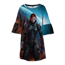 Детское платье 3D с принтом Mass Effect в Петрозаводске, 100% полиэстер | прямой силуэт, чуть расширенный к низу. Круглая горловина, на рукавах — воланы | Тематика изображения на принте: n7 | shepard | галактика | жнец | космос | масс | нормандия | планета | шепард | эффект